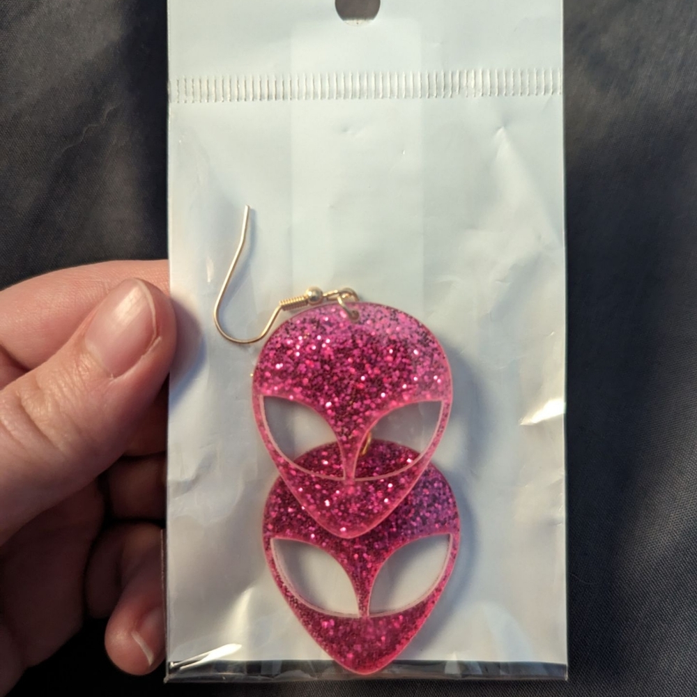 Hot Pink glitter sparkle trippy alien earrings